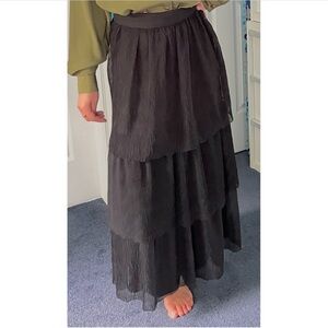 Vintage True Black Tiered Maxi Skirt — Plissé Crepe • Timeless Runway Sample
